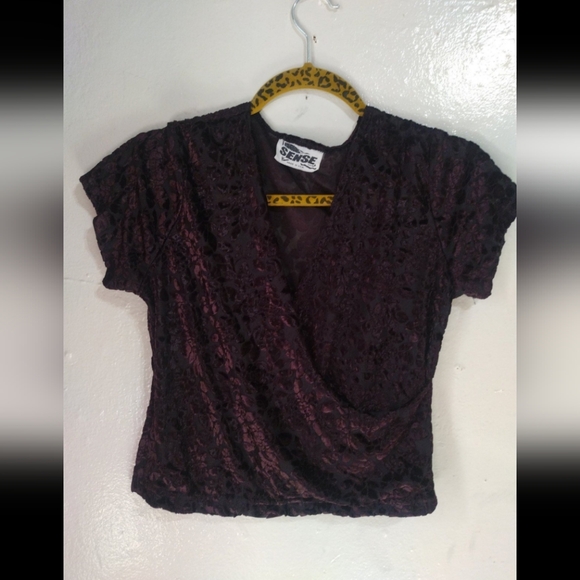 Vintage 90s Dark Brown Burnout Velvet Floral Print Top/Blouse sz S / M - Picture 1 of 7